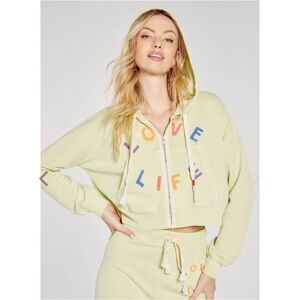 NWT WILDFOX Medium Zip Up Crop Hoodie Love Life Kinley Shadow Lime Sweatshirt